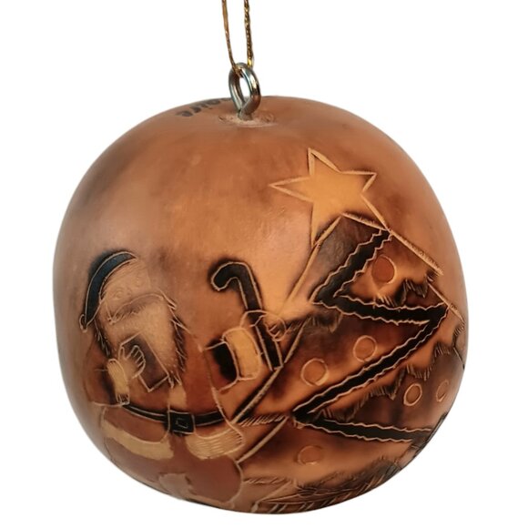 Handcarved Gourd Christmas Ornament Santa Stocking Bells 2.5" X 2.5" Brown - Picture 1 of 9